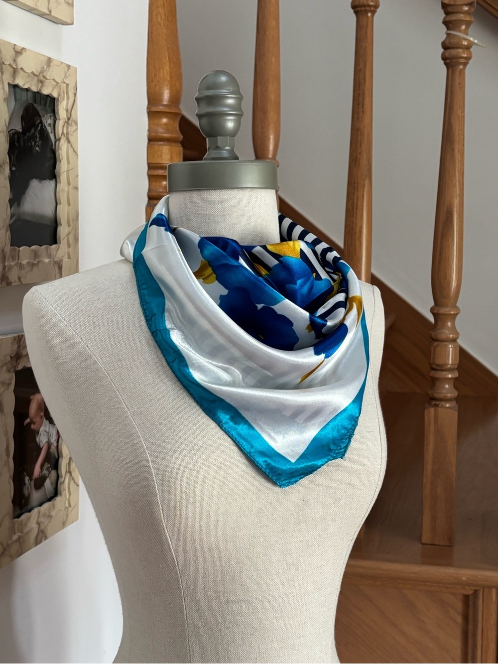 Satin Floral and Striped Head Scarf